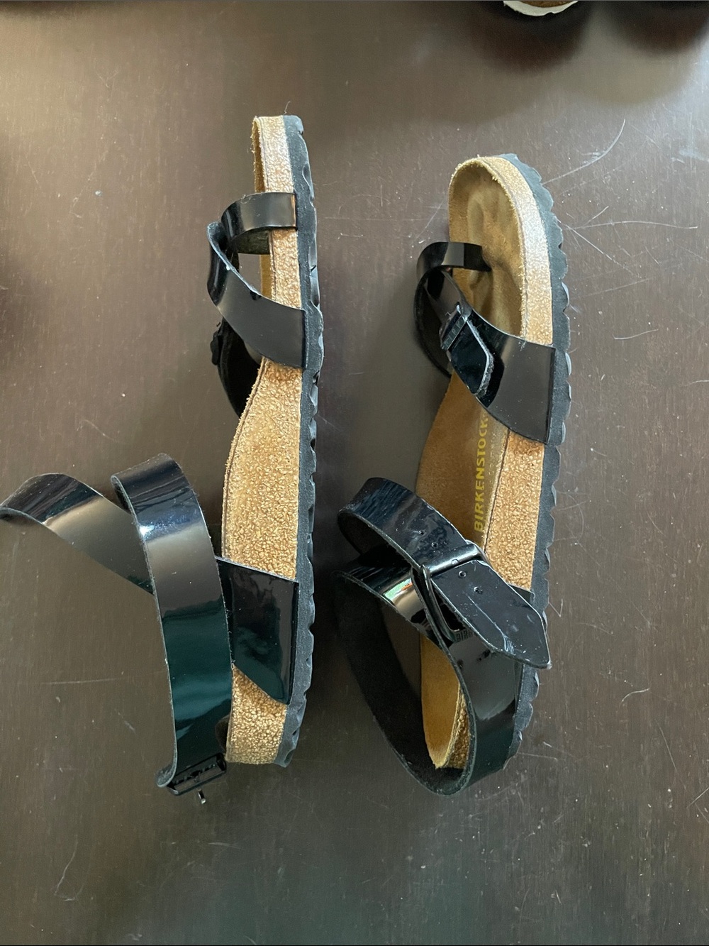 Birkenstock Black Patent Cross-Strap Sandals Size 41. Straps wrap around ankle. - Picture 2 of 4